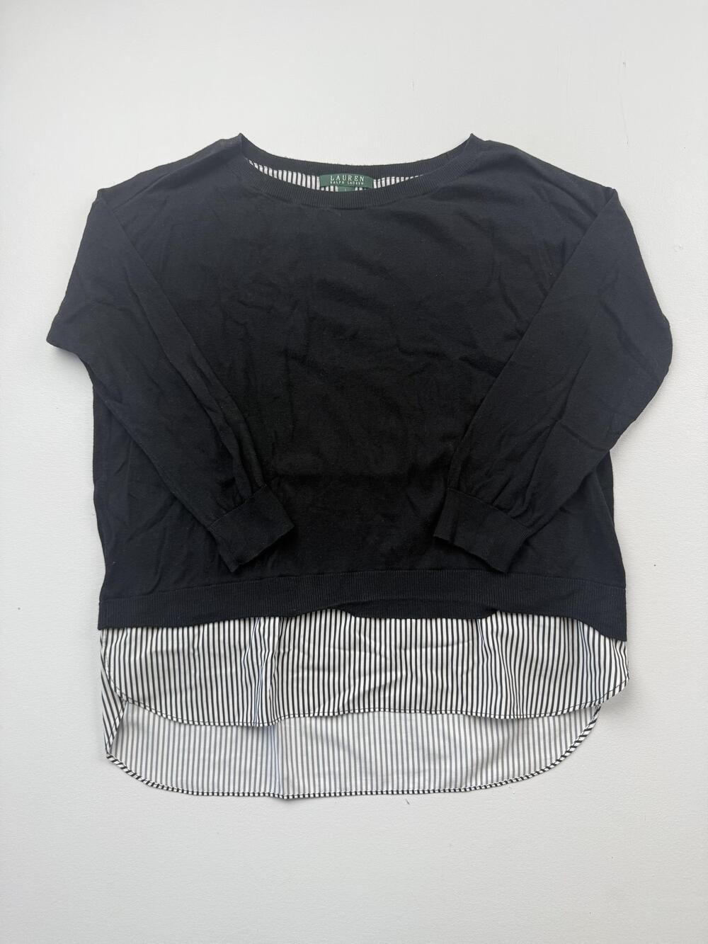 Lauren Ralph Lauren Sweater Womens L Black Stripe Hem 3/4 Sleeve Knit Pullover